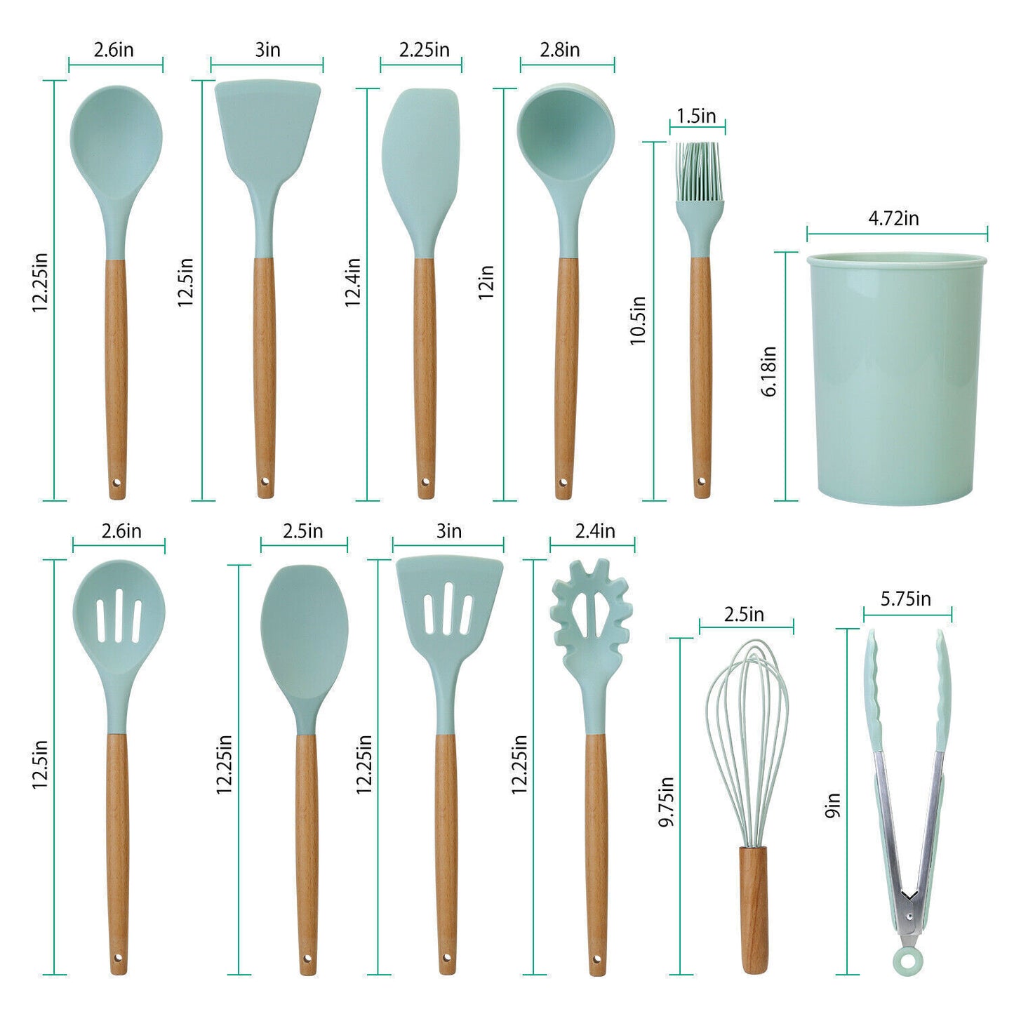 11Pcs Kitchen Silicone Cooking Utensil Set with Holder Heat Resist Wooden Handle