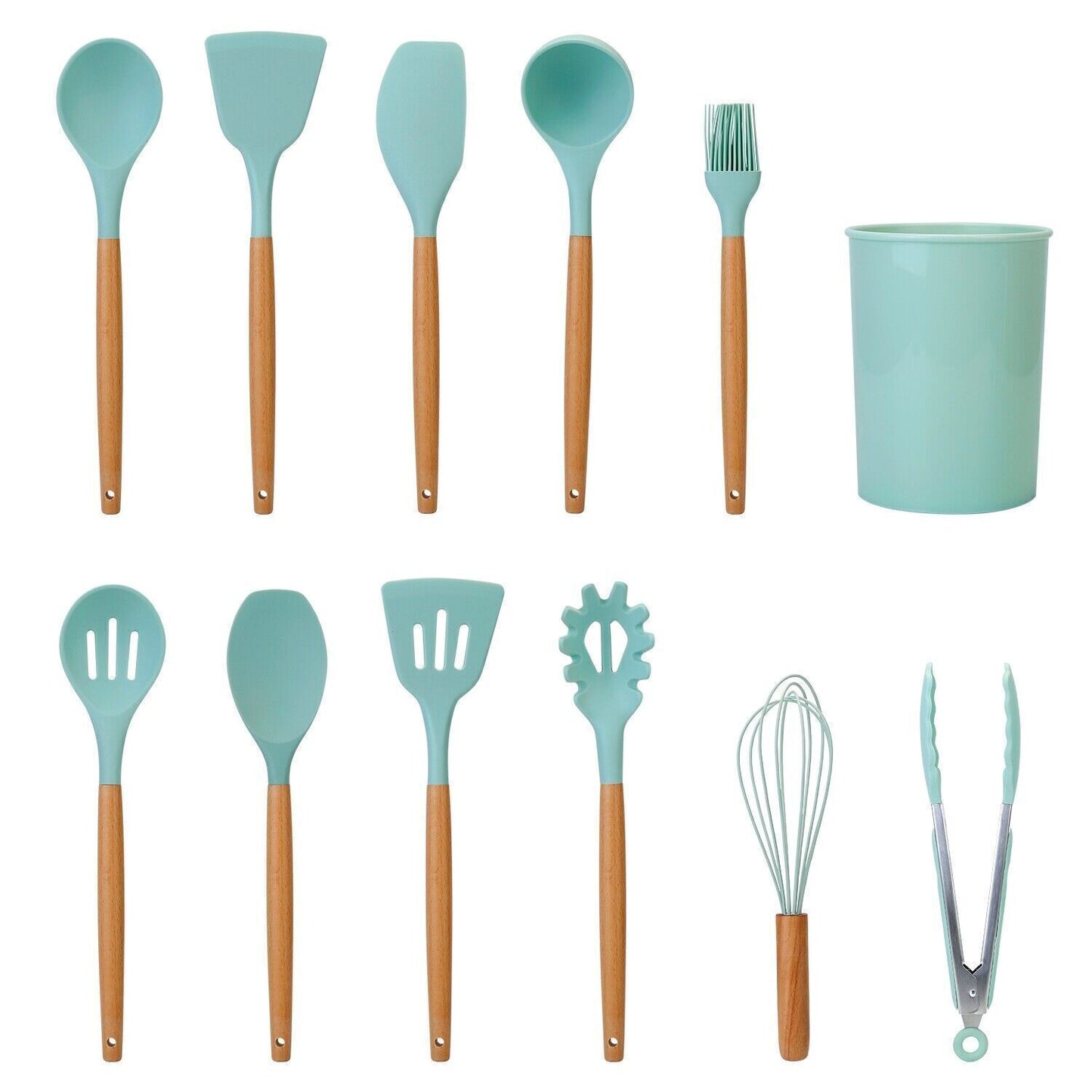 11Pcs Kitchen Silicone Cooking Utensil Set with Holder Heat Resist Wooden Handle
