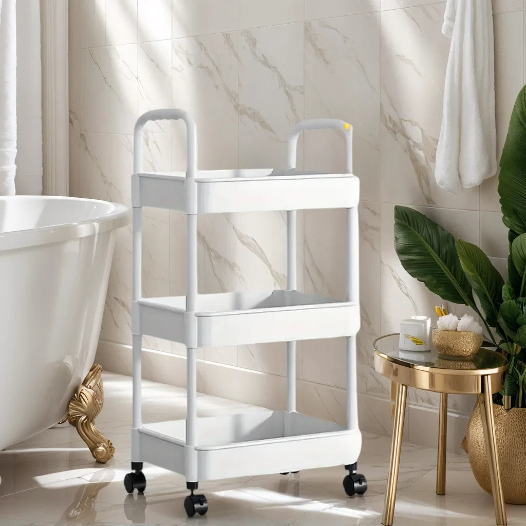 3-Tier Small Rolling Storage Cart Multi Purpose Utility Organizer White PVC