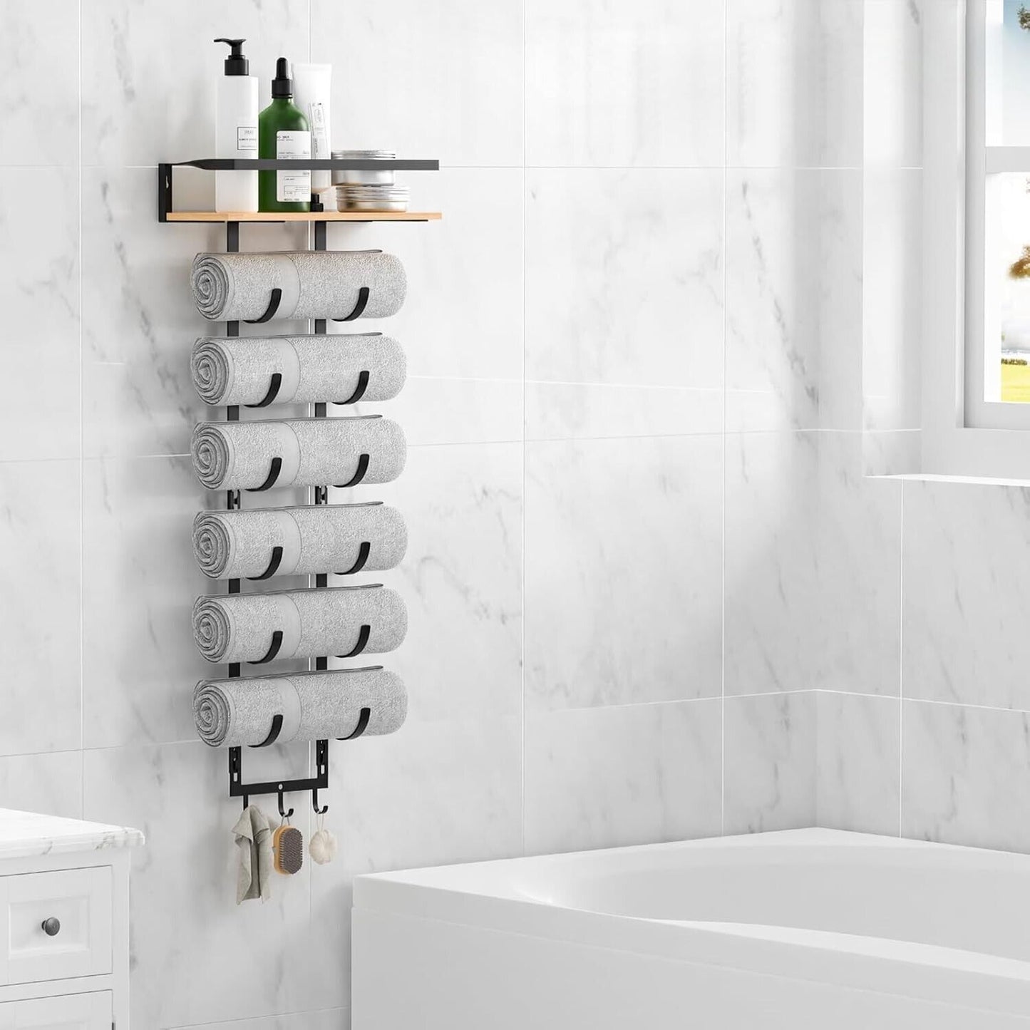 Towel Racks for Rolled Towels - Wall Mounted Bathroom Towel Holder with Wood Shelf & 3 Hooks, Space-Saving Vertical Storage for Small Bathrooms