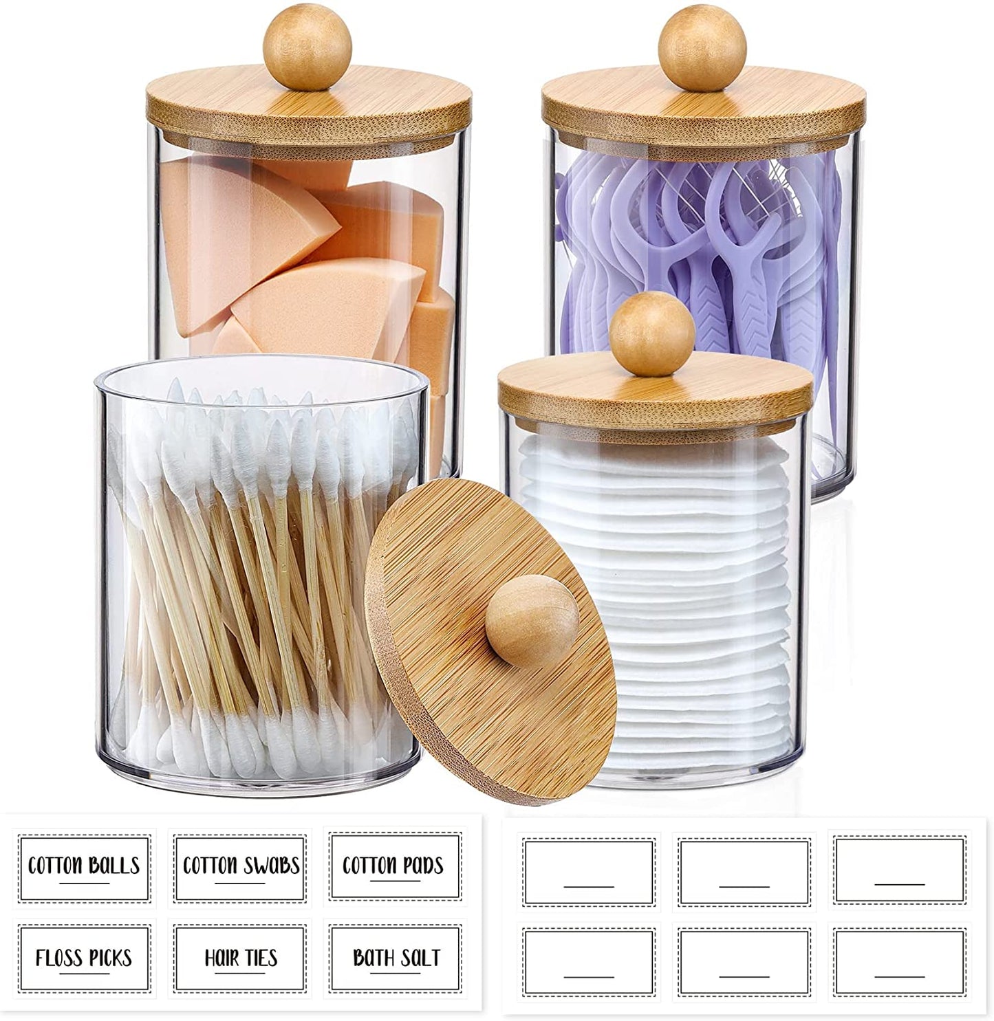 4 Pack Qtip Holder Dispenser with Bamboo Lids - 10 Oz Clear Plastic Apothecary