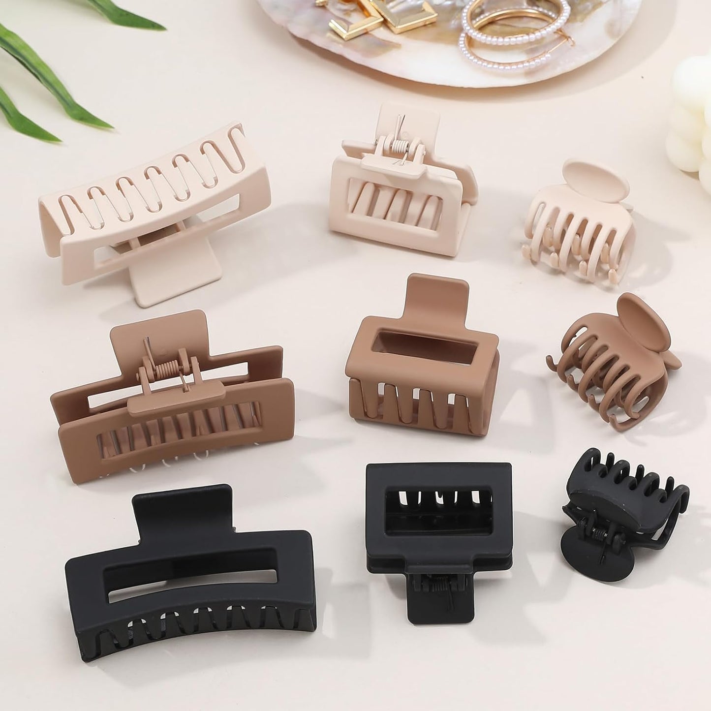 9 Pcs Medium Claw Hair Clips Set for Women, 3 Styles, Rectangle & Square, Brown