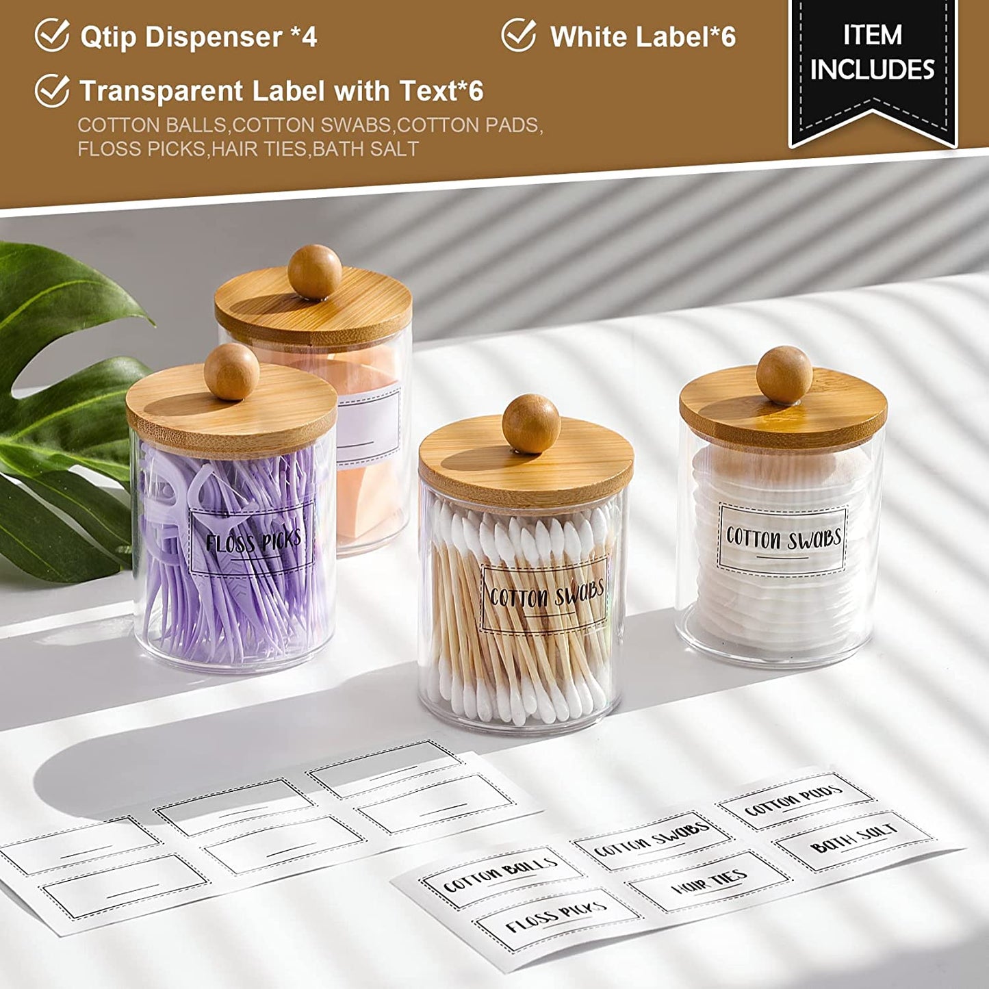 4 Pack Qtip Holder Dispenser with Bamboo Lids - 10 Oz Clear Plastic Apothecary