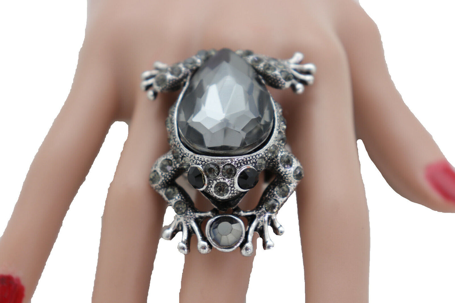 golf jewelry, Big Frog Ring for Women - Silver Metal, Bling Fashion Jewelry, Stretch Band, Bold Statement, Unique & Trendy Accessory for All Seasons