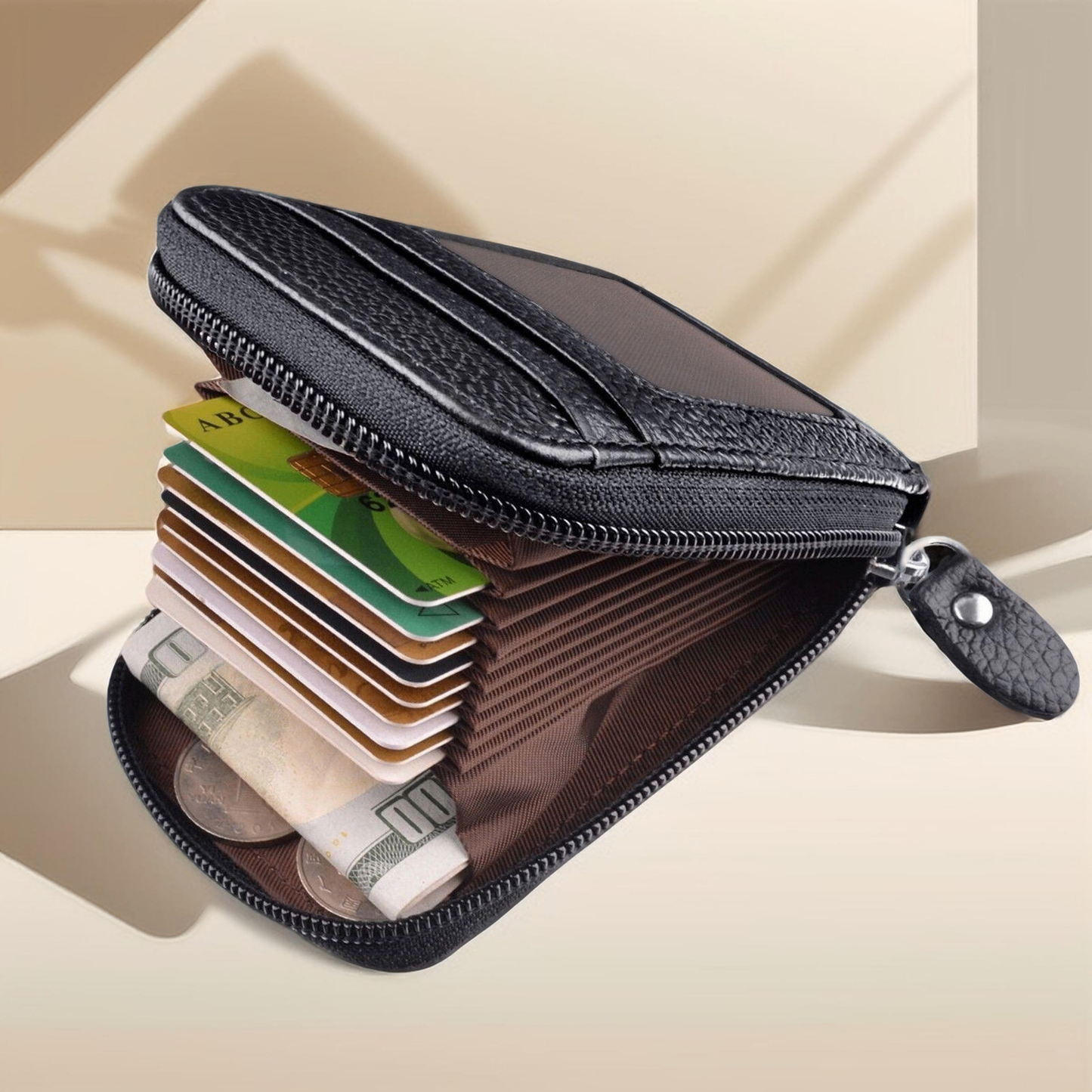 Men's RFID Blocking Leather Credit Card Holder Wallet with ID Window Zipper Pocket Wallet for Cards & Cash, Slim & Compact Design for Everyday Use