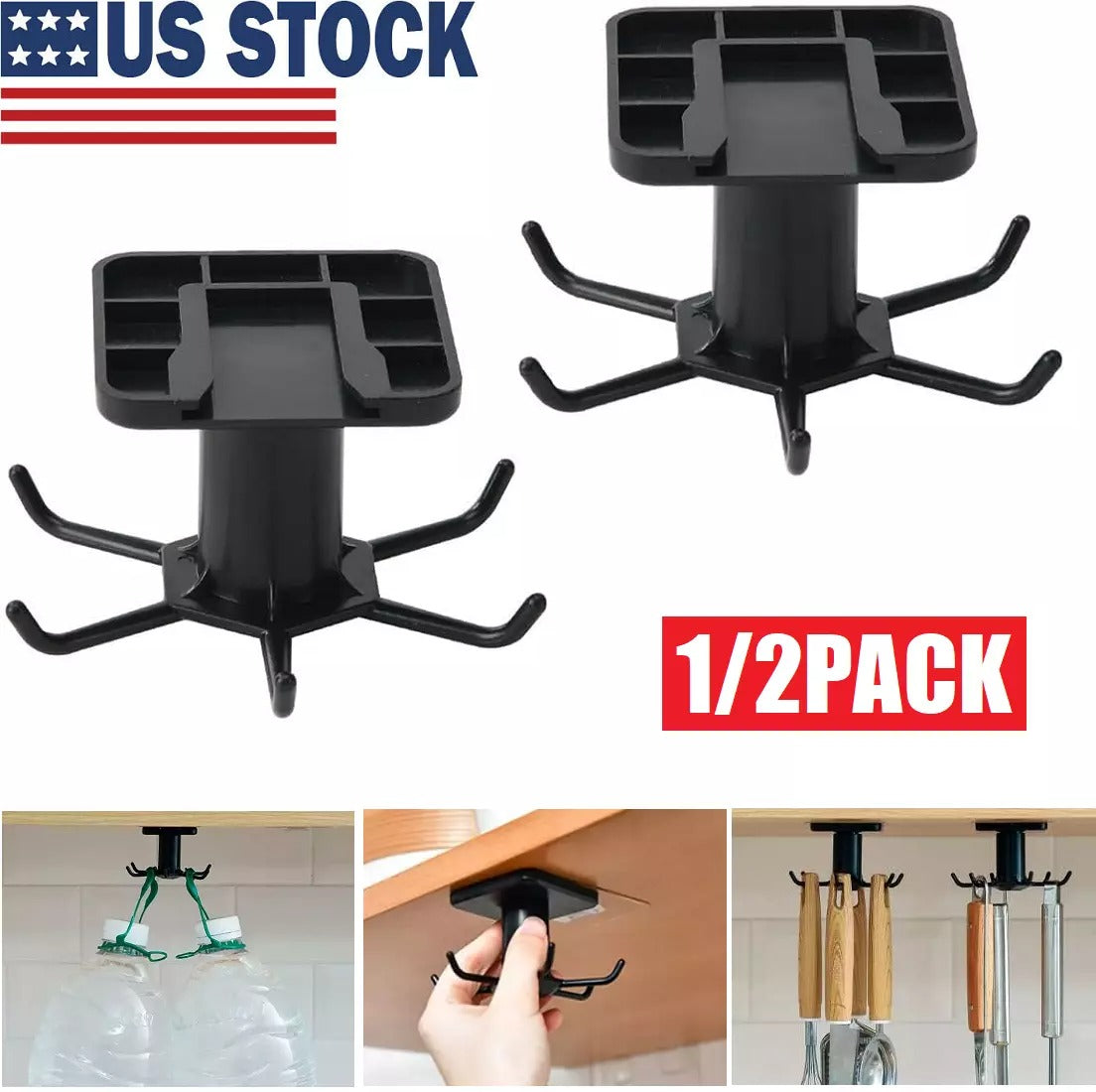 2Pcs under Cabinet Utensil Holder 360° Rotatable Kitchen Hook Organizer Rack USA