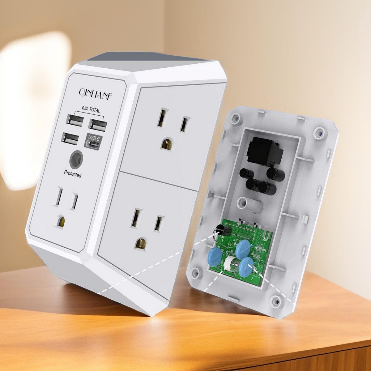 (5) Plugs, Type c, USB Wall Outlet with Surge Protection-5 Sockets with Fast Smart Charging for Iphone Android Samsung Apple Home Office Universal
