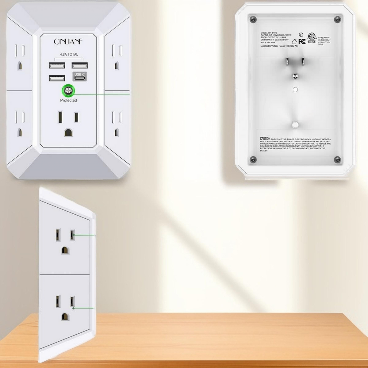 (5) Plugs, Type c, USB Wall Outlet with Surge Protection-5 Sockets with Fast Smart Charging for Iphone Android Samsung Apple Home Office Universal