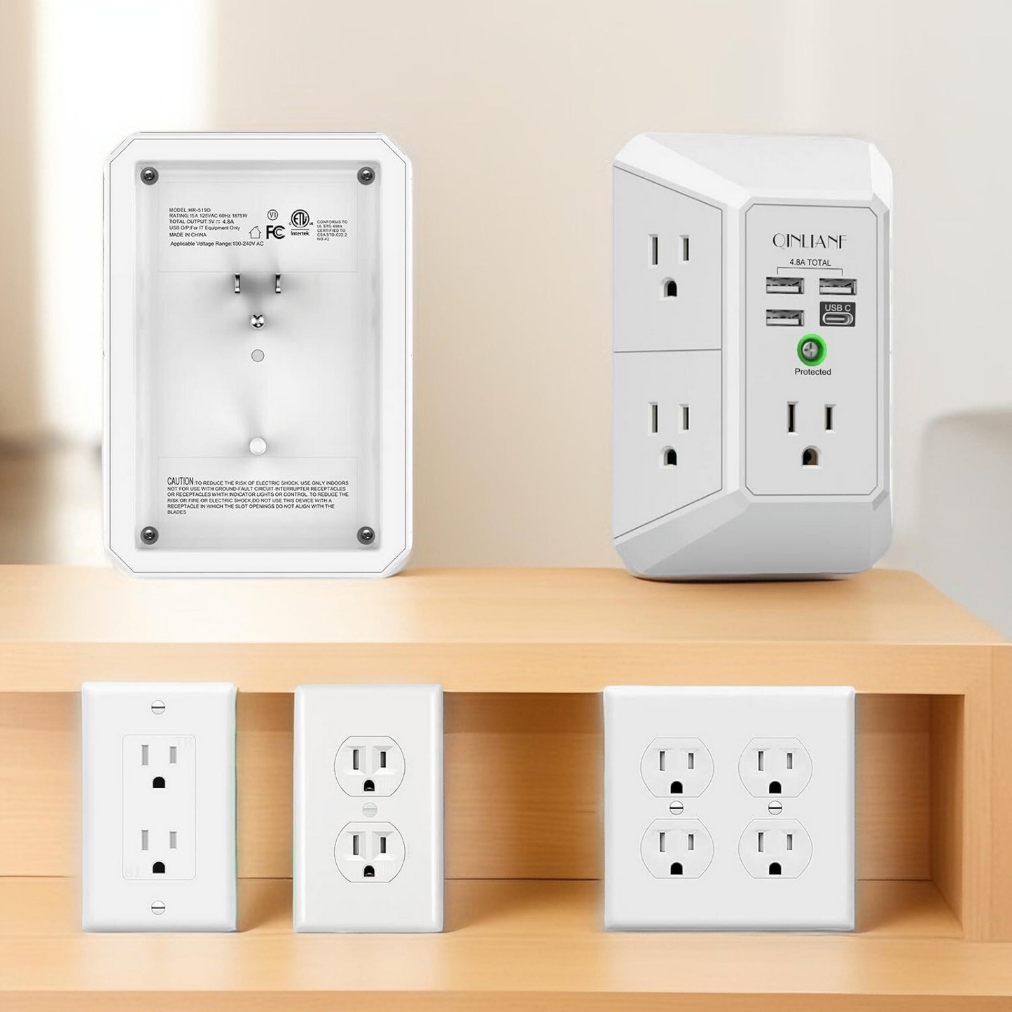 (5) Plugs, Type c, USB Wall Outlet with Surge Protection-5 Sockets with Fast Smart Charging for Iphone Android Samsung Apple Home Office Universal