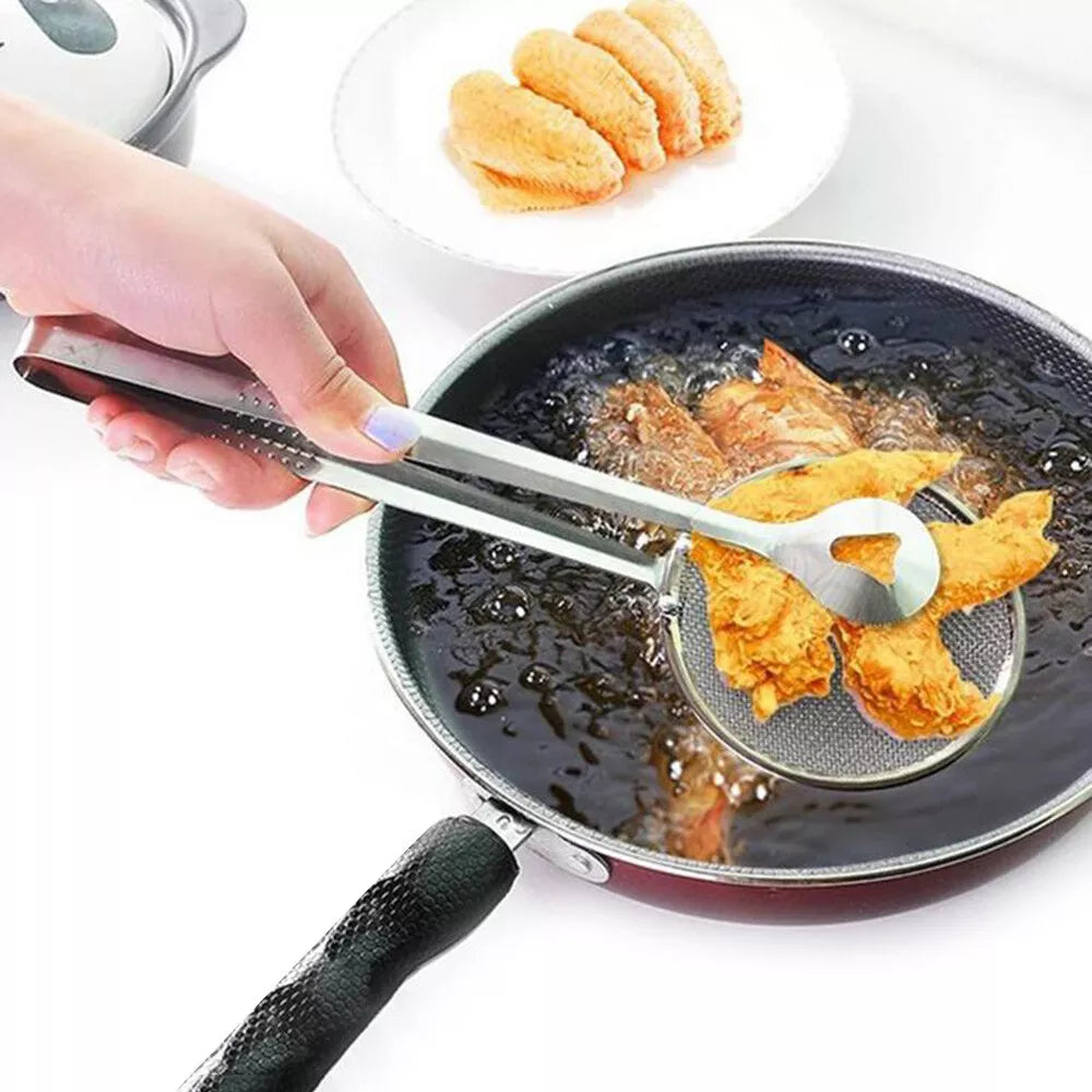 Stainless Steel Filter Clip - Oil Drain Tongs for Fried Food, BBQ, Salad & Cooking | One-Sided Filter, Hollow Design, Multi-Purpose Kitchen Tool