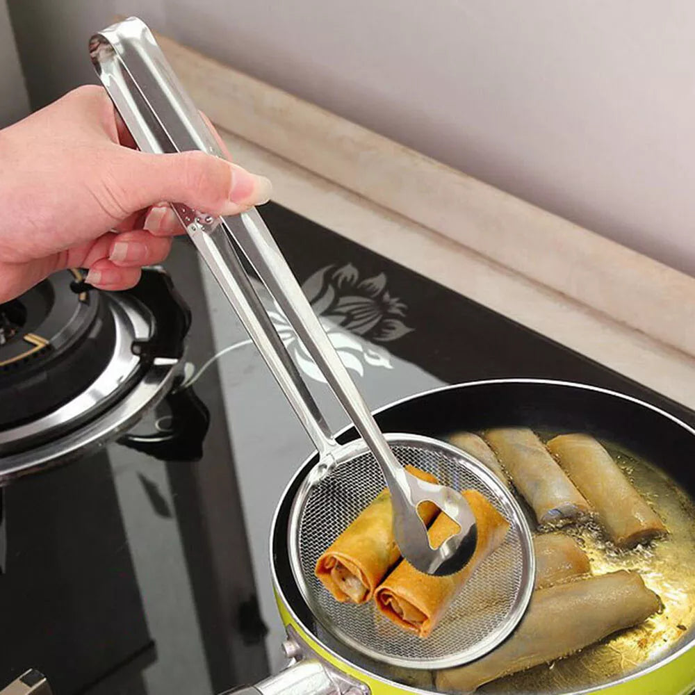 Stainless Steel Filter Clip - Oil Drain Tongs for Fried Food, BBQ, Salad & Cooking | One-Sided Filter, Hollow Design, Multi-Purpose Kitchen Tool