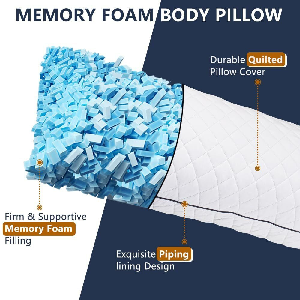 Long Pillow ONE Body Pillow Cooling Memory Foam Pillows 20X54 Inch White