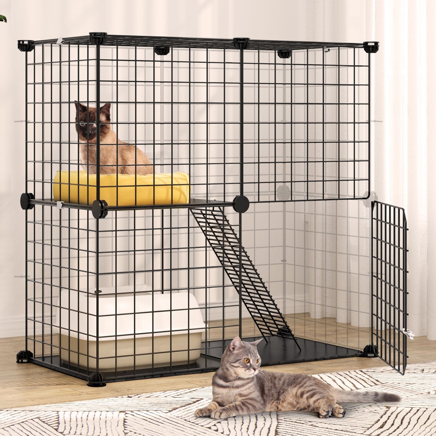 2-Tier Cat Cage Playpen – DIY Indoor Enclosure for 1-2 Cats, Pet Playpen with Stairs, Stable, Durable, Easy to Clean, No-Tool Assembly