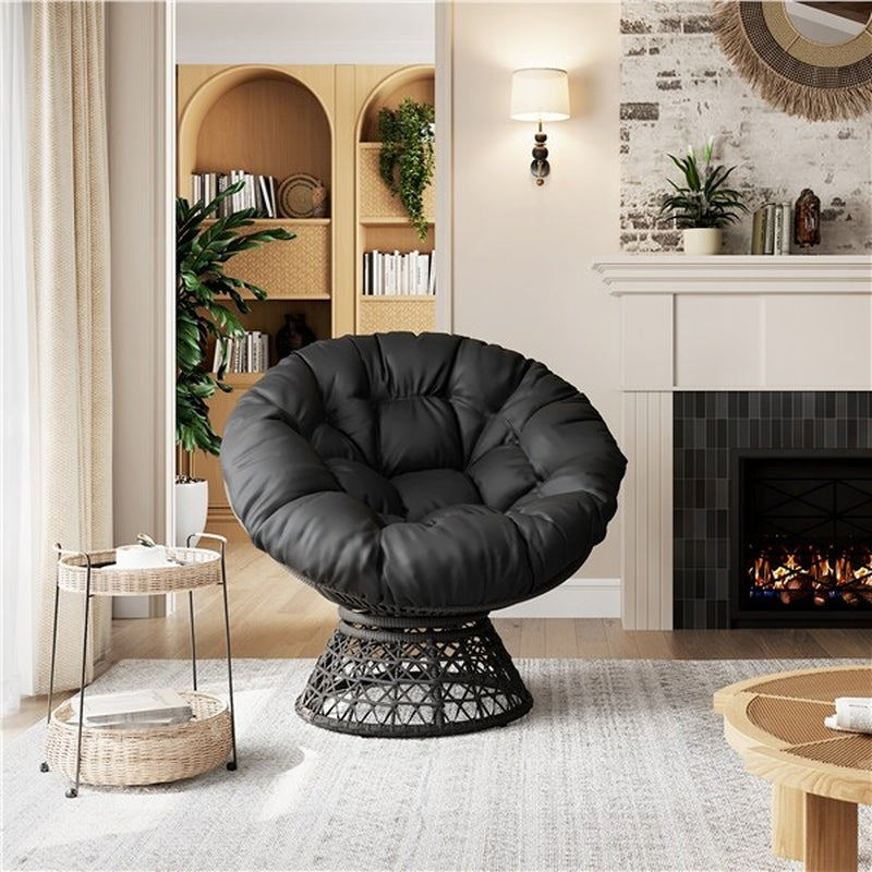 360° Ergonomic Swivel Wicker Papasan Chair with Thick Tufted Cushions for Garden