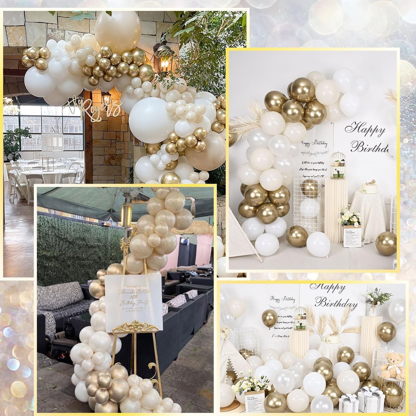 White and Gold Balloons, 12 Inch White Sand Gold Metallic Latex Balloons, Beige