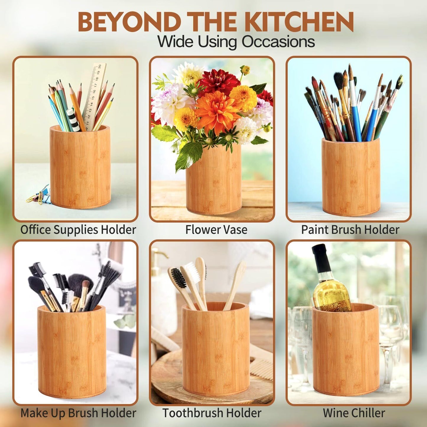 Kitchen Utensil Holder Bamboo Large Spoon Organizer for Countertop - Eco-Friendly Storage for Cooking Tools, Cutlery, and Kitchen Essentials