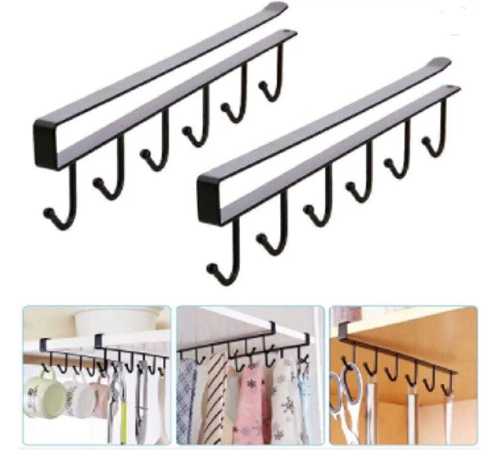 Under Shelf Mug Holder Rack - 2 Pack Nail-Free 6 Hook Cup Hangers for Space-Saving Kitchen Organizer, Easy Install & Durable Design