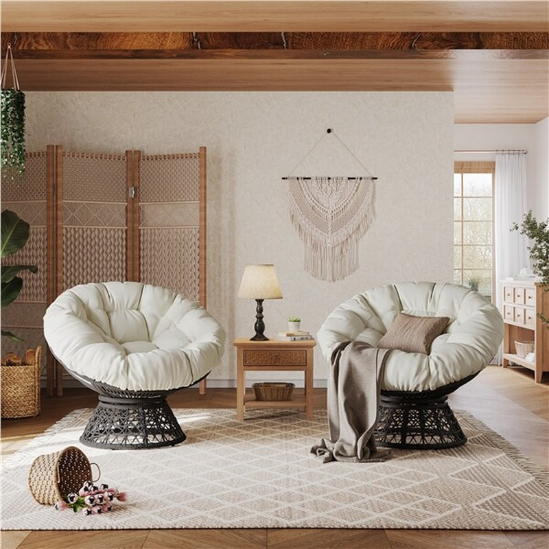 360° Ergonomic Swivel Wicker Papasan Chair with Thick Tufted Cushions for Garden