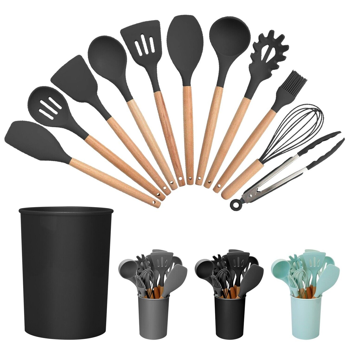 11Pcs Kitchen Silicone Cooking Utensil Set with Holder Heat Resist Wooden Handle