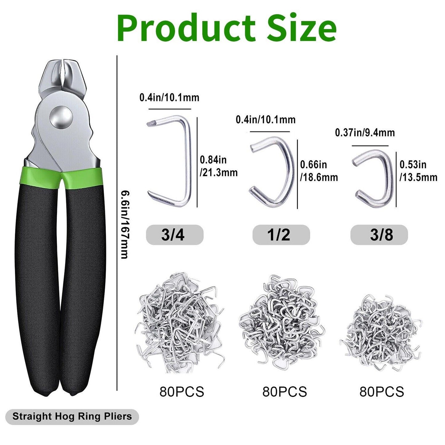 Straight Hog Ring Pliers 240PCS 3/4 1/2 3/8 Inch Rings Kit Upholstery Seat Cover