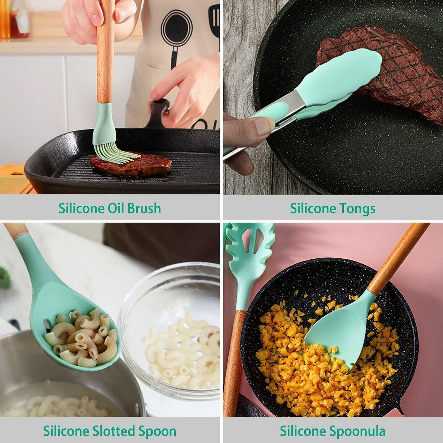 11Pcs Kitchen Silicone Cooking Utensil Set with Holder Heat Resist Wooden Handle