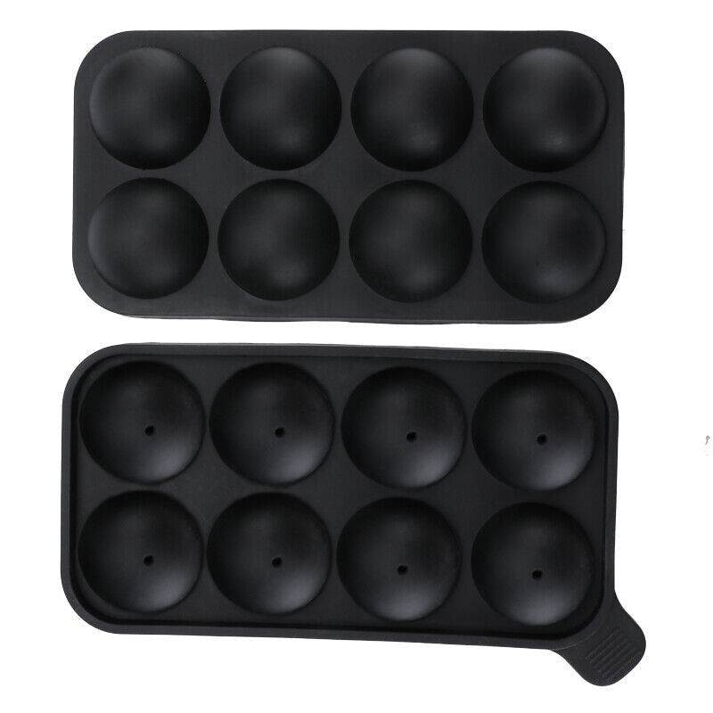 Large Ice Sphere Maker Tray | 8 Black Silicone Ice Ball Molds with Funnel, Cube Kitchen Plastic Utensils Handles Holes Reuse Desserts Reusable