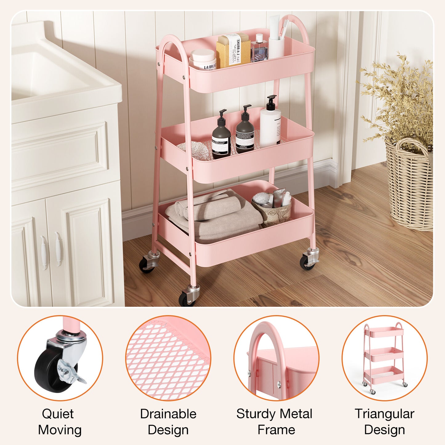 3-Tier Small Rolling Metal Storage Organizer Mobile Utility Cart Kitchen Cart