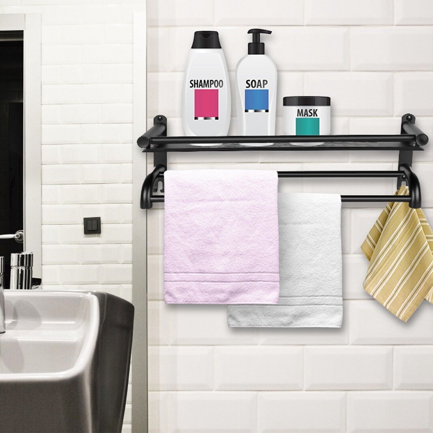 2Tiers Wall Mounted Towel Rack Bar Rail Towel Holder Bathroom Storage Shelf Tray