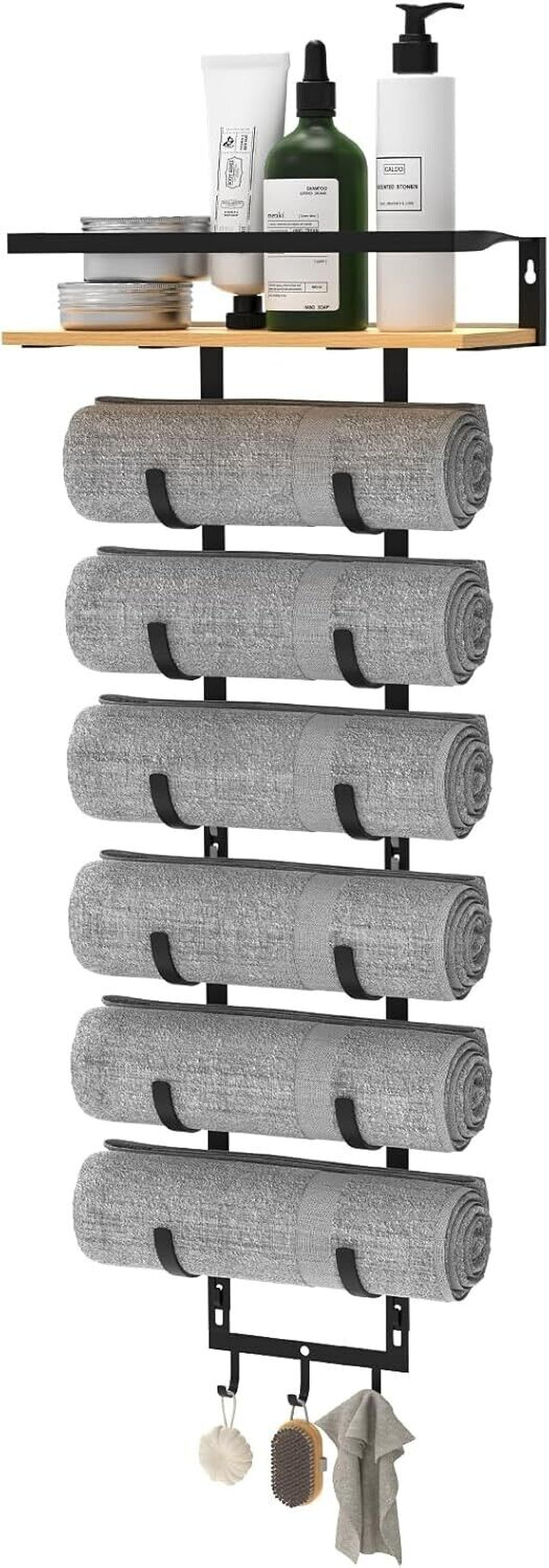 Towel Racks for Rolled Towels - Wall Mounted Bathroom Towel Holder with Wood Shelf & 3 Hooks, Space-Saving Vertical Storage for Small Bathrooms