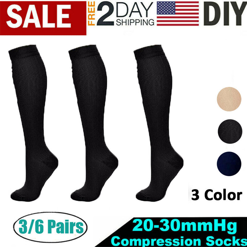 6 Pairs Support Socks Firm Compression Hose Opaque Knee High Wide Calf Stockings