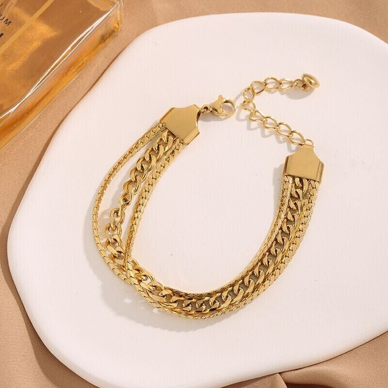 18K Gold Plated Bracelet Women's Cuban Curb Chain, Adjustable Stainless Steel Bangle, Waterproof, Tarnish-Free, Trendy Jewelry for Everyday Wear