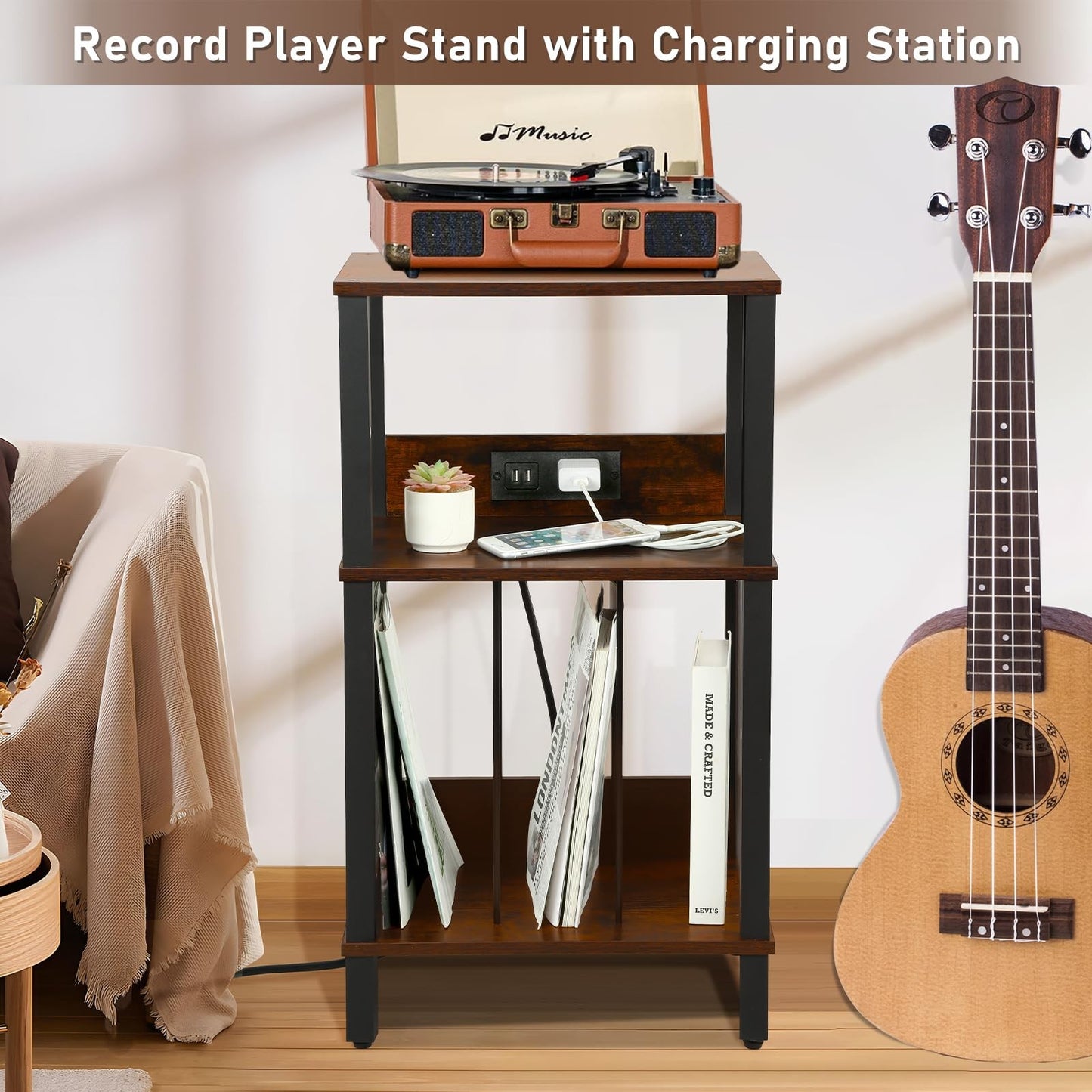 Record Player Stand with Charging Station, 3 Tier End Table with Vinyl Record...