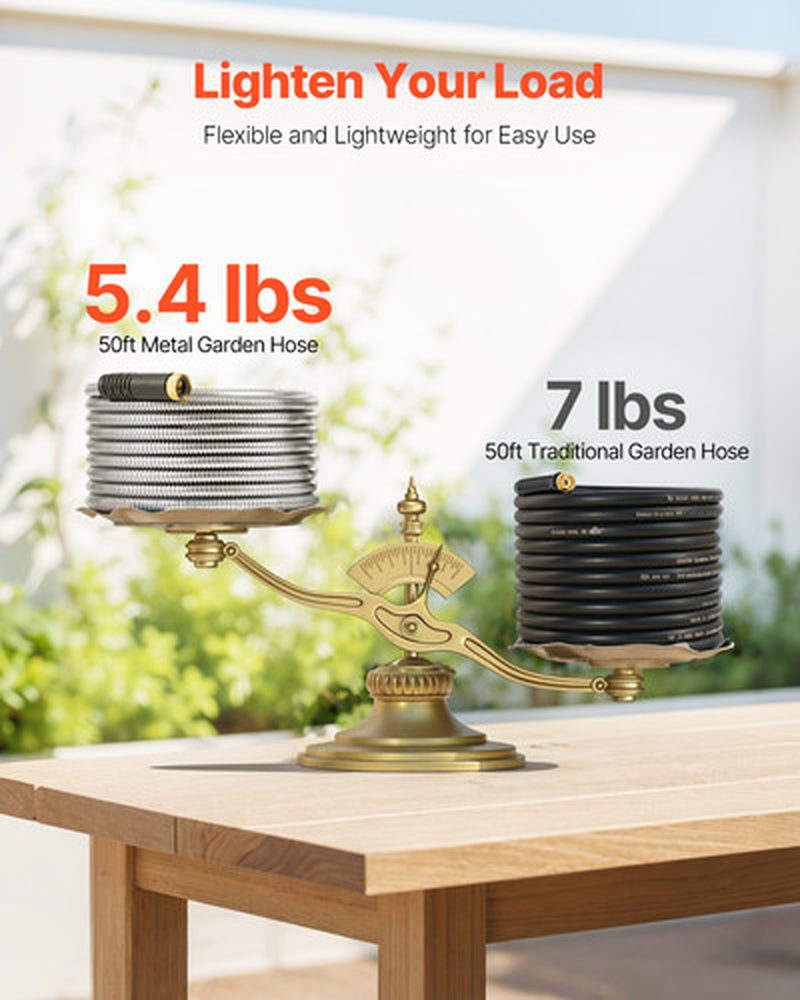 50Ft Metal Garden Hose Stainless Steel Water Hose Lightweight No Kink