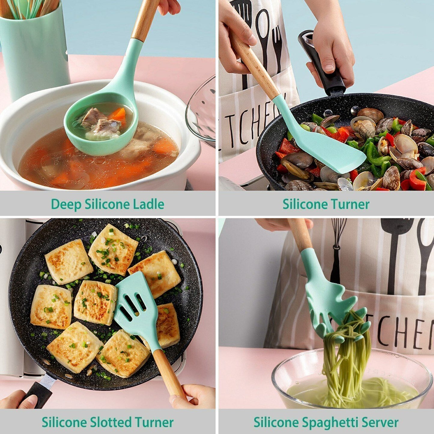 11Pcs Kitchen Silicone Cooking Utensil Set with Holder Heat Resist Wooden Handle