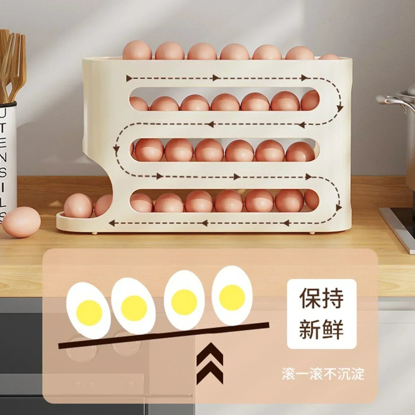 2–4 Layer Rolling Egg Storage Box Large Fridge Organizer with Slide Design