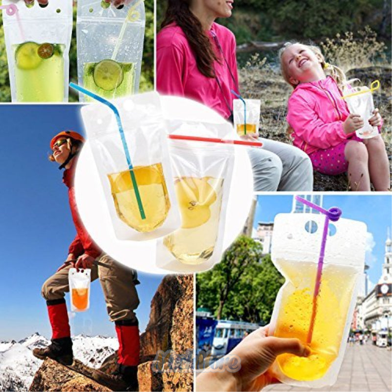 100PCS Drink Pouches Bags Stand-Up Zipper W/ Straws&Funnel for Cold & Hot Drinks