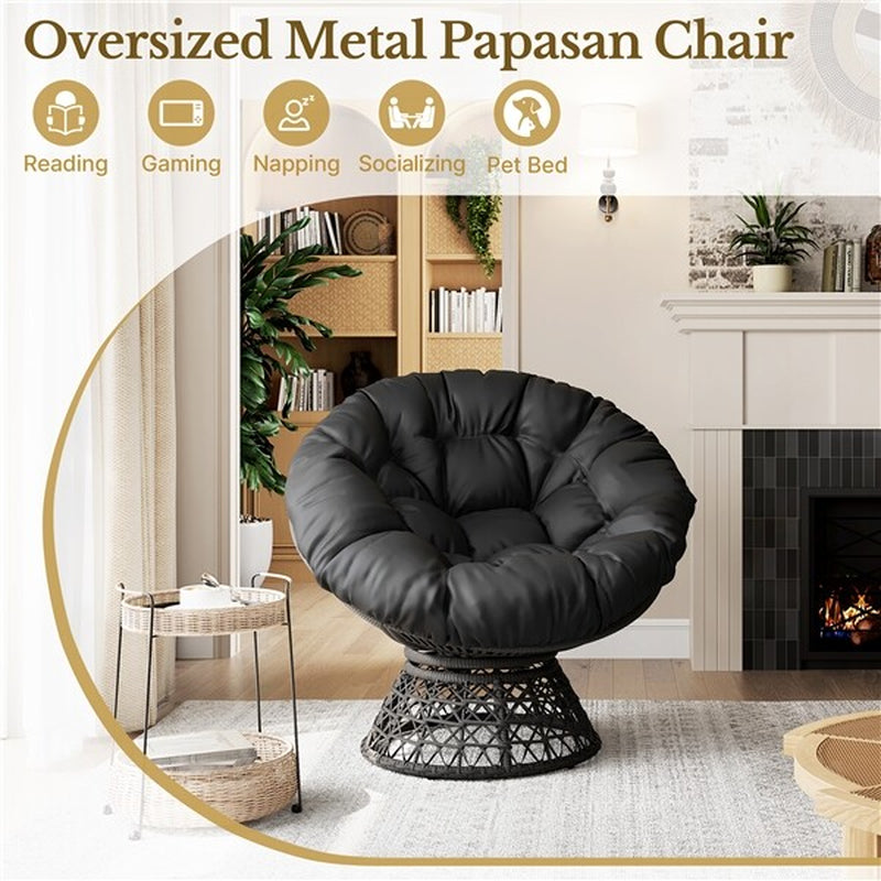 360° Ergonomic Swivel Wicker Papasan Chair with Thick Tufted Cushions for Garden