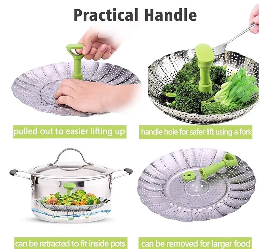 Folding Stainless Steel Steamer Basket 5.5–9″ – Expandable & Dishwasher‑Saf