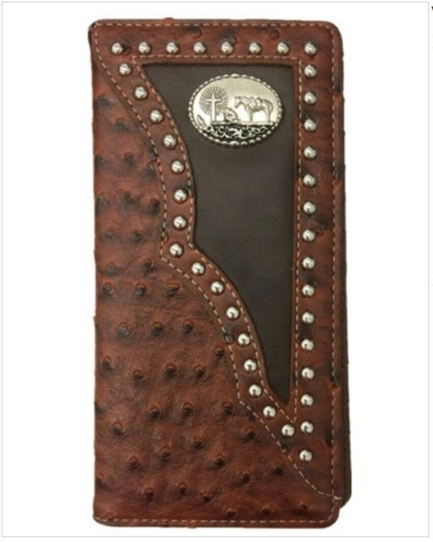 Cowboy Wallet for Men - Cross Praying Bifold Checkbook Style, 7 Card Slots, ID Slot, Cash Pockets, Extra Card Holder, Brown Leather Look