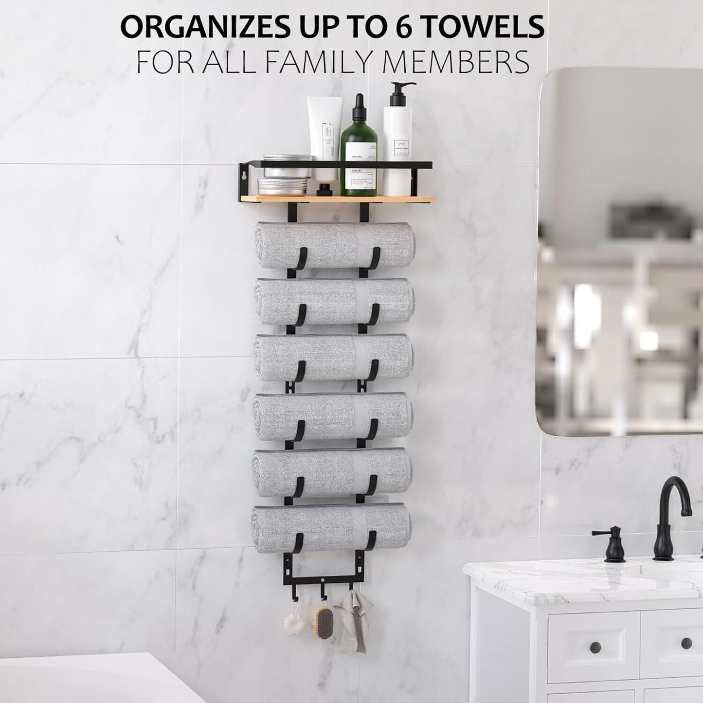 Towel Racks for Rolled Towels - Wall Mounted Bathroom Towel Holder with Wood Shelf & 3 Hooks, Space-Saving Vertical Storage for Small Bathrooms