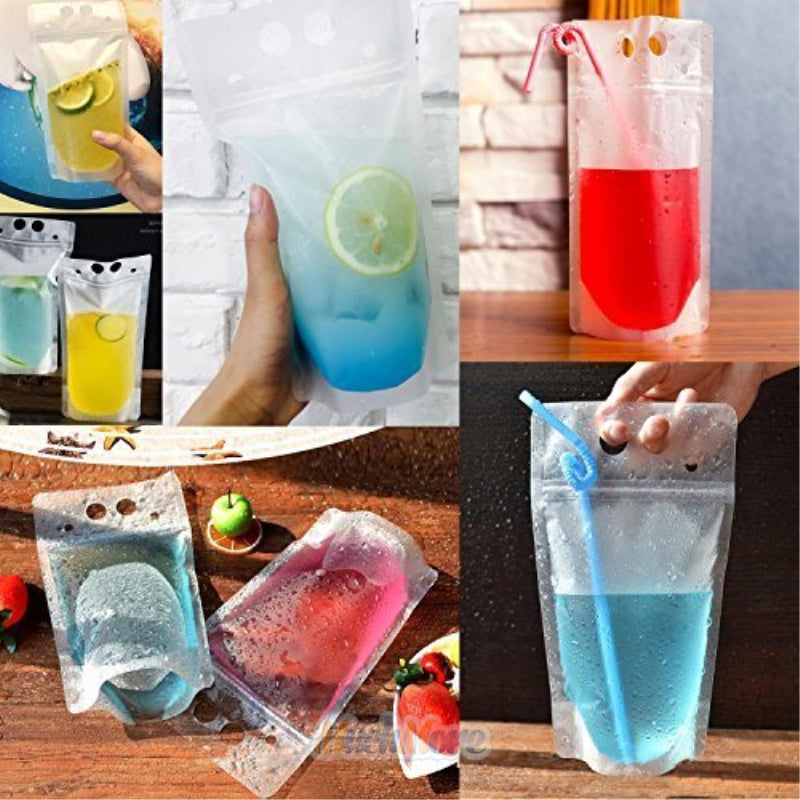 100PCS Drink Pouches Bags Stand-Up Zipper W/ Straws&Funnel for Cold & Hot Drinks