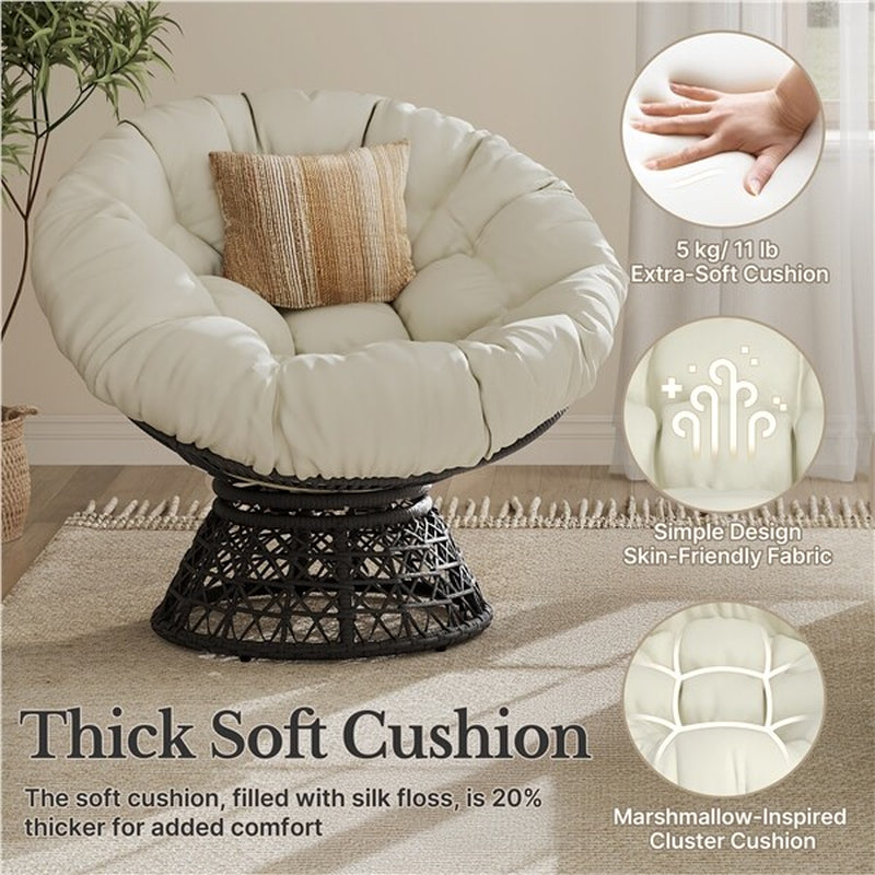 360° Ergonomic Swivel Wicker Papasan Chair with Thick Tufted Cushions for Garden