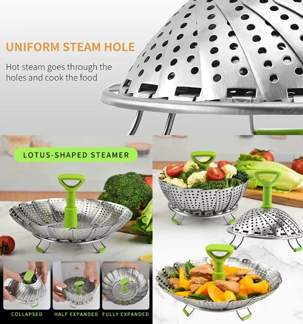 Folding Stainless Steel Steamer Basket 5.5–9″ – Expandable & Dishwasher‑Saf