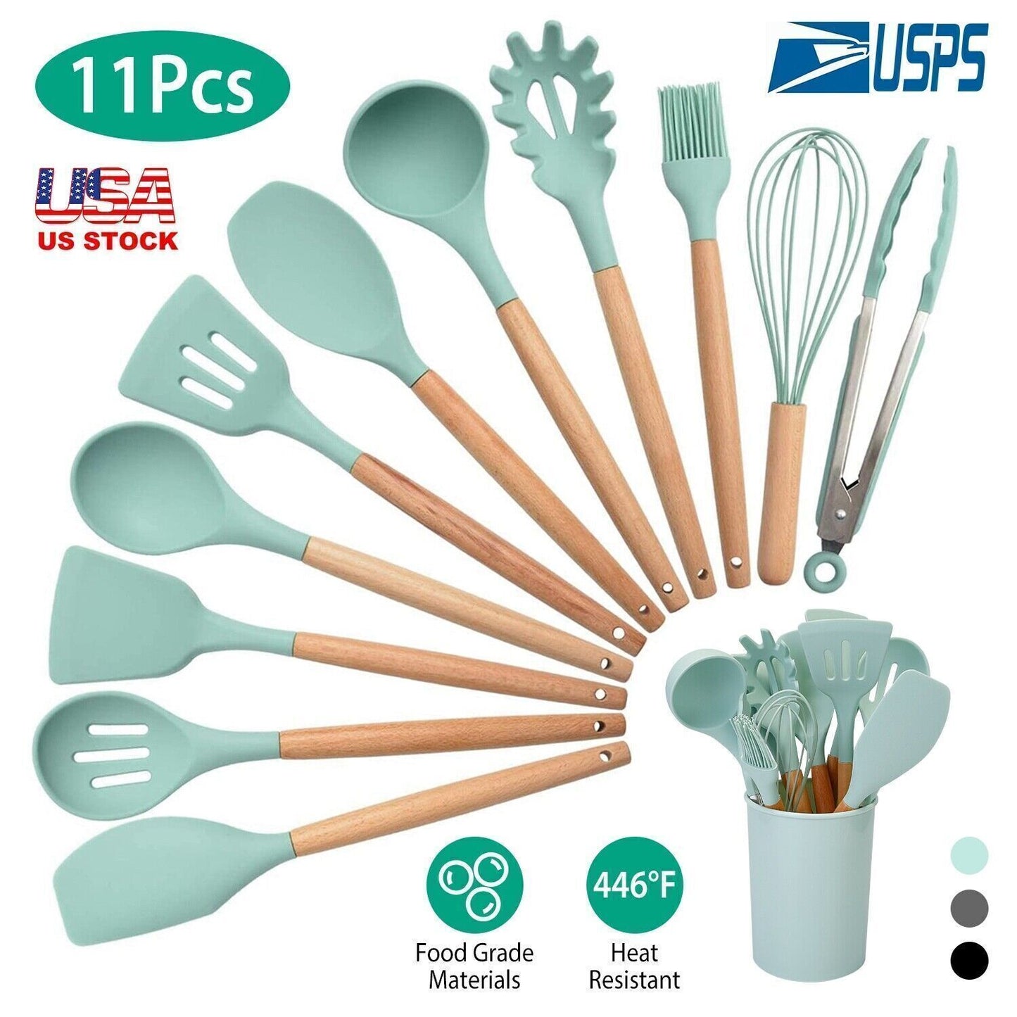 11Pcs Kitchen Silicone Cooking Utensil Set with Holder Heat Resist Wooden Handle