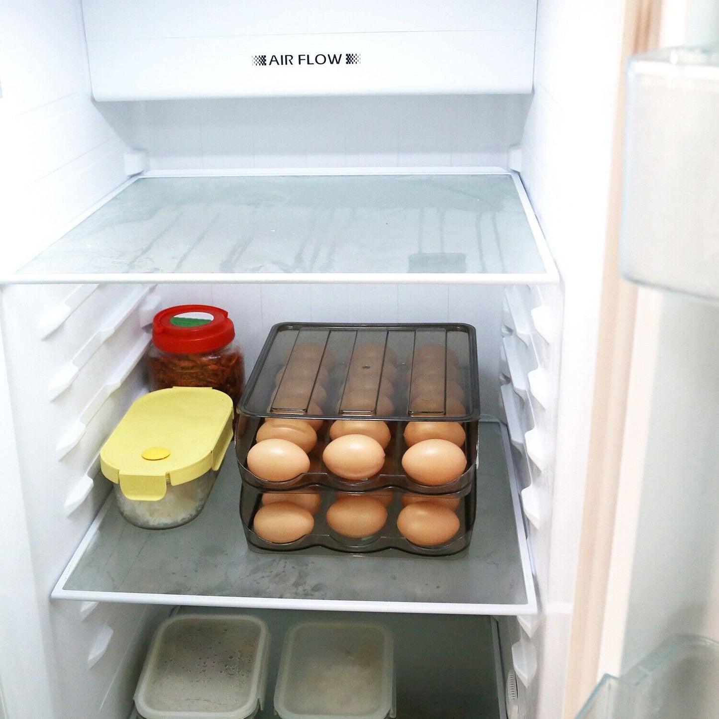 2-Layer Automatic Rolling Egg Holder Storage Box for Fridge Egg Container Tray