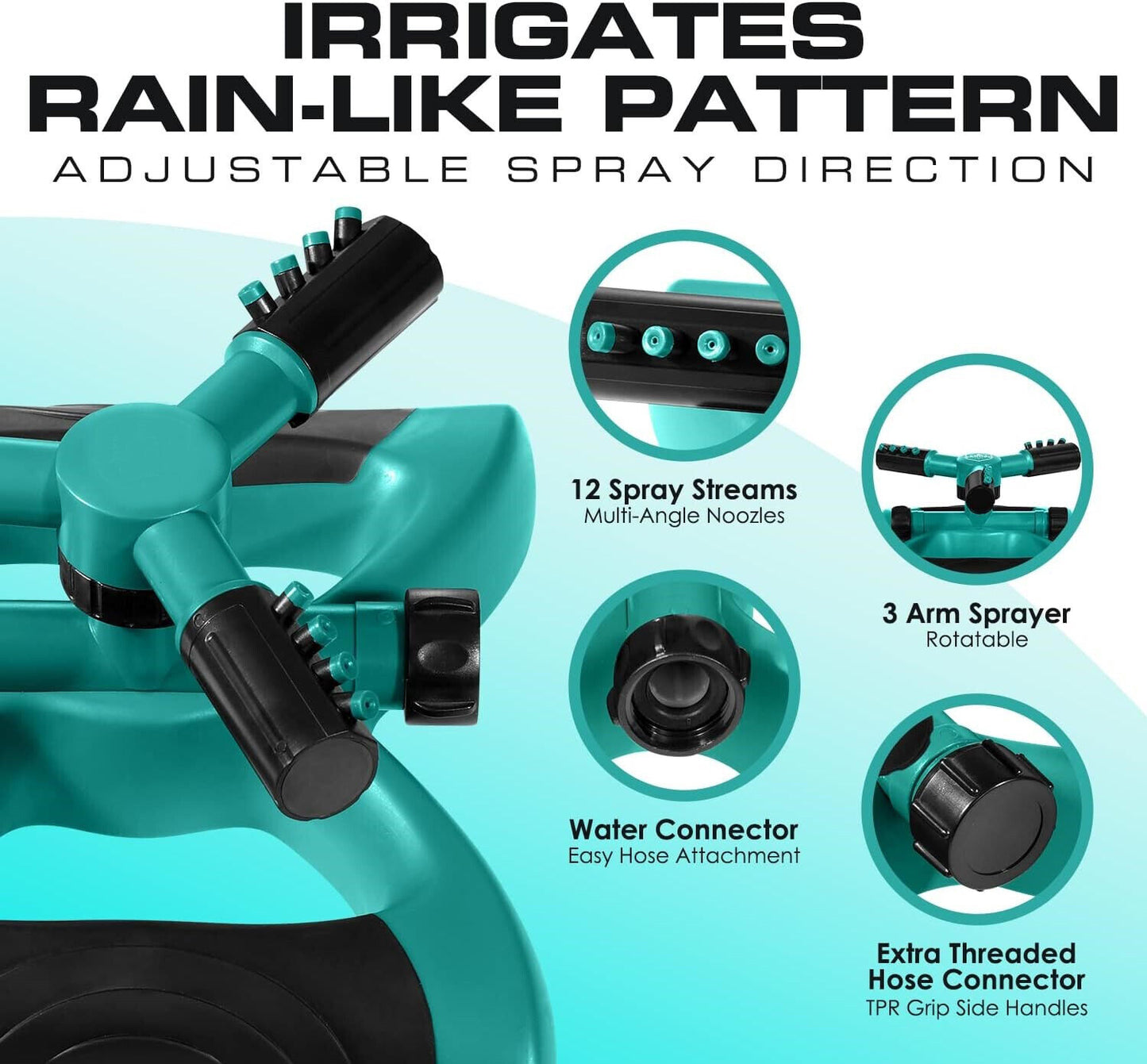 360° Automatic Rotating Lawn Sprinkler – Covers 30ft Range, Adjustable Arms, Leak-Proof Hose Connector, Garden & Yard Watering Tool for Even Coverage