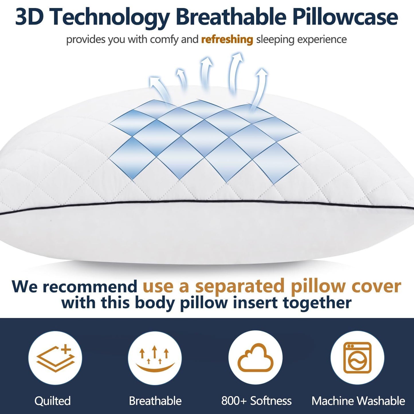 Long Pillow ONE Body Pillow Cooling Memory Foam Pillows 20X54 Inch White
