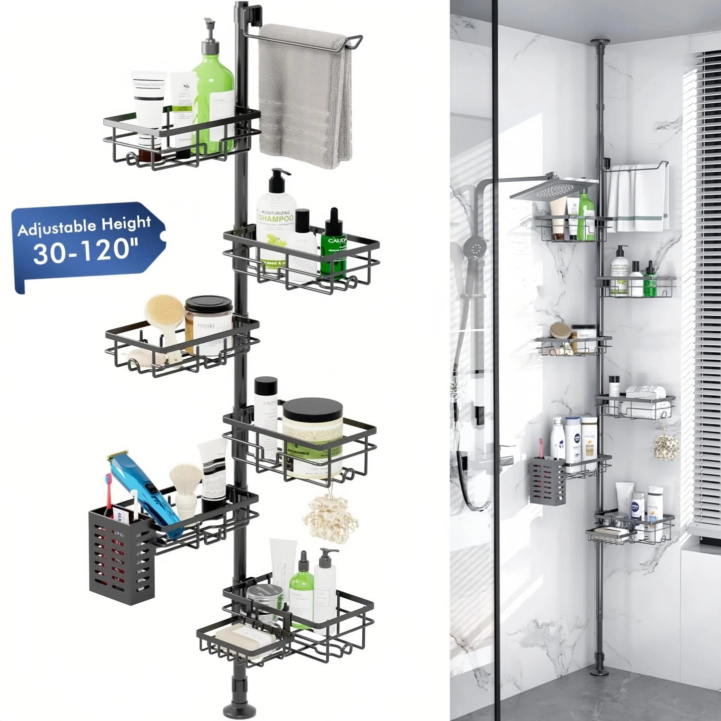 7-Tier Shower Caddy Organizer Tension Pole, Rustproof Corner Shelf for Bathroom
