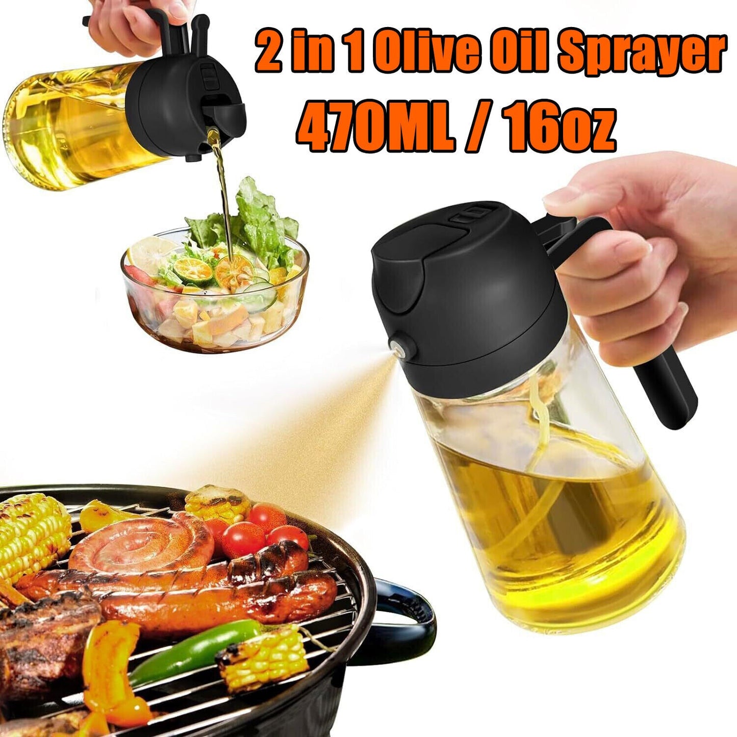 16oz 2-in-1 Olive Oil Spray Bottle for Cooking Dispenser Grilling, Baking, Air Fryer Sturdy Glass Kitchen Traditional Transparent Utensils Wide Mouth