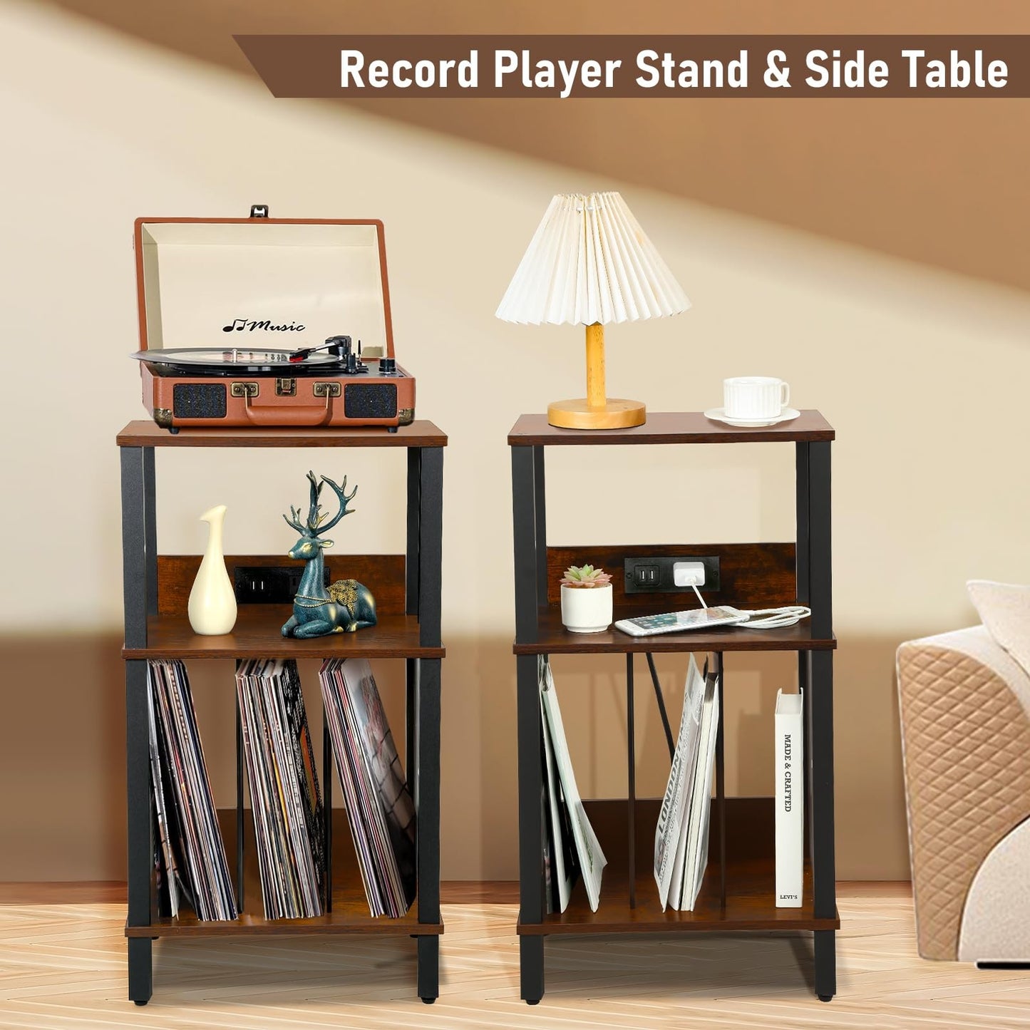 Record Player Stand with Charging Station, 3 Tier End Table with Vinyl Record...